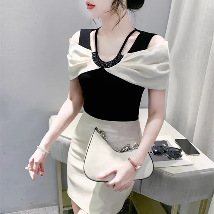 荷叶边露肩吊带短袖衬衫女夏季2025新款大码修身显瘦锁骨短款上衣