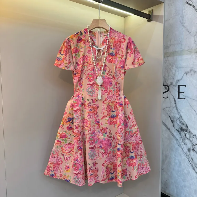 2025新中式国风复古印花单粒盘扣镂空精致温柔气质显瘦旗袍裙6005