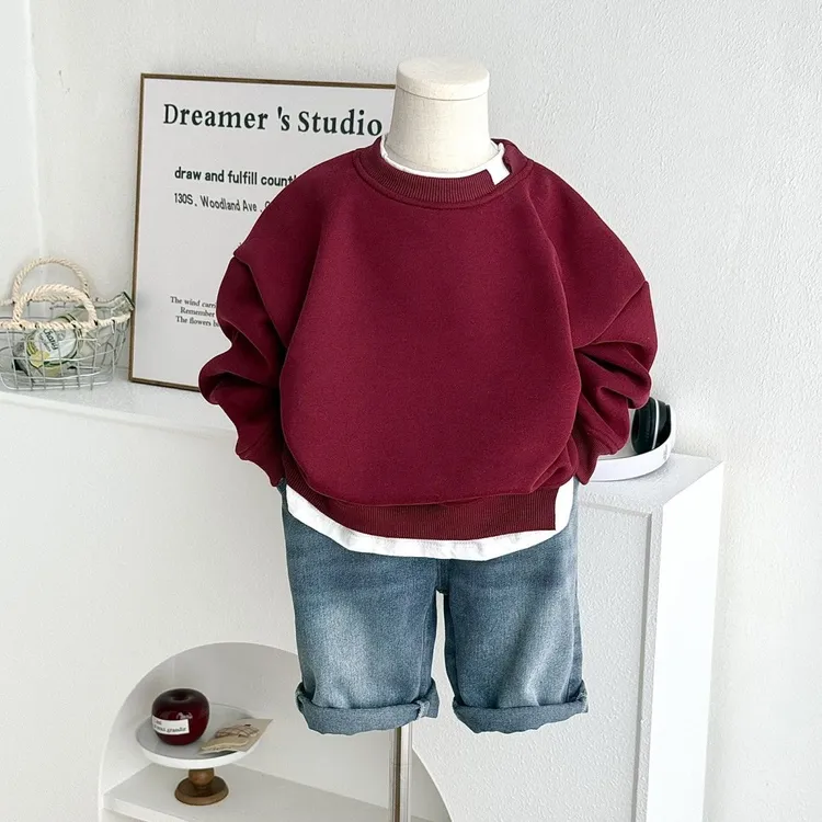 新款新年红色喜庆净版外穿中大小男女儿童加绒加厚百搭卫衣无帽潮