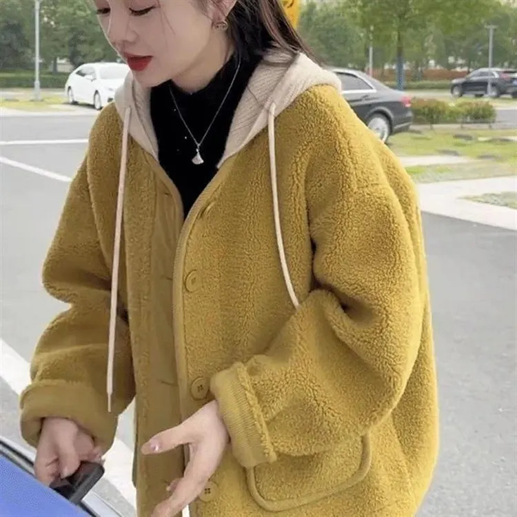 羊羔毛毛绒一体加厚连帽外套女秋冬季新款宽松显瘦减龄百搭上衣女