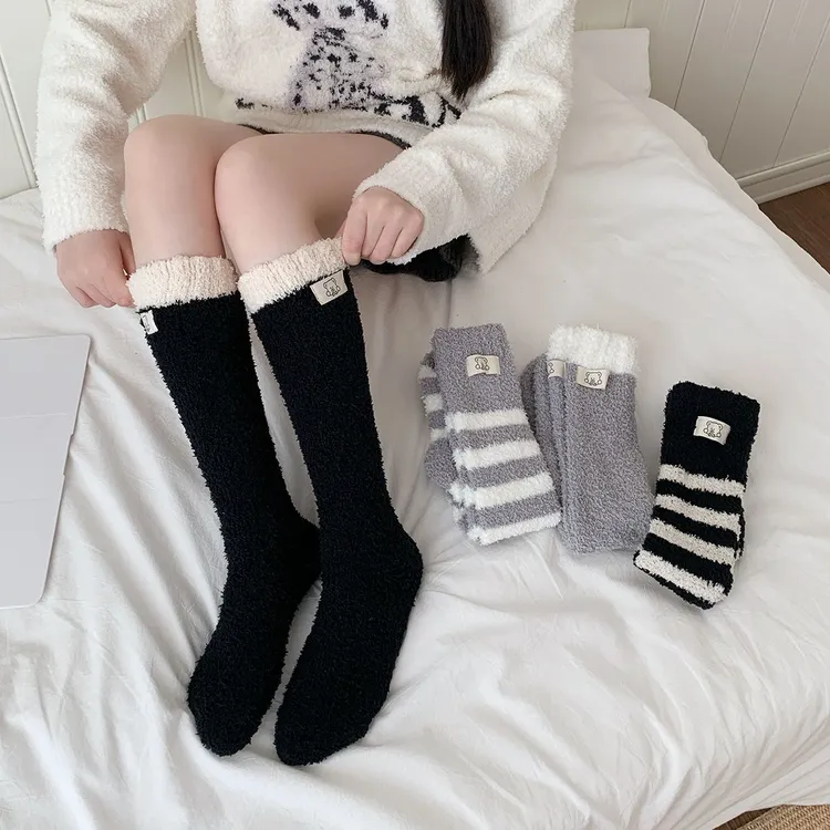 保暖睡眠袜孕妈妈月子袜小腿珊瑚绒袜女士高筒秋冬季加绒加厚款LW