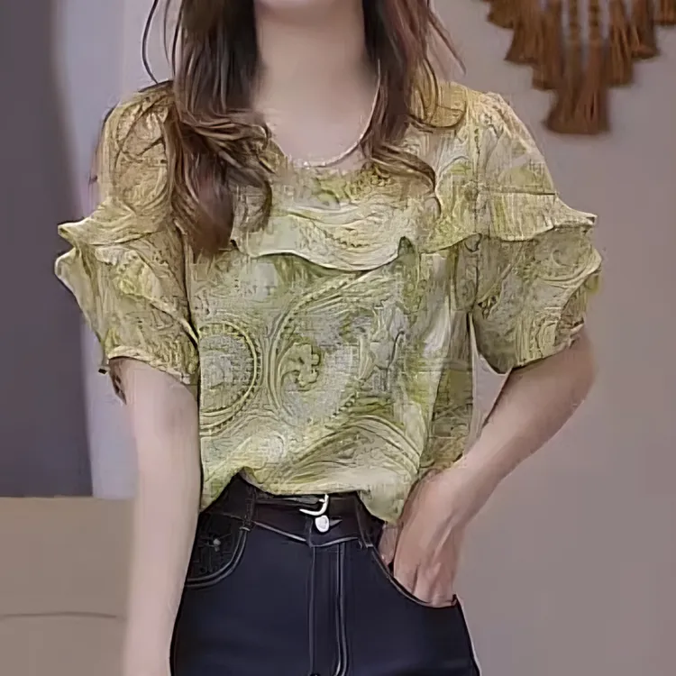 碎花雪纺衫女短袖2025夏季新款法式小众百搭上衣时尚显瘦气质小衫