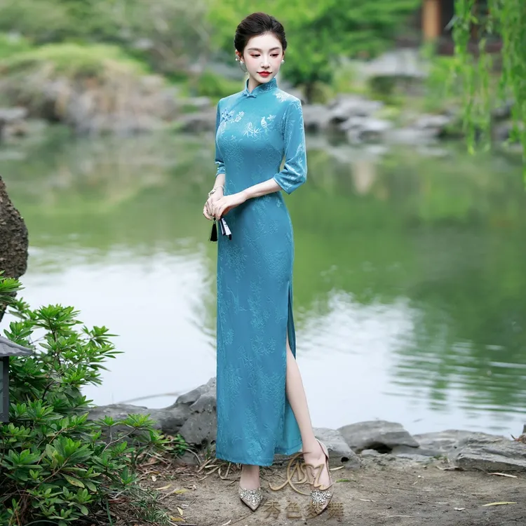 秀色梦舞旗袍七分袖日常中袖中国风复古印花新中式走秀高考气质