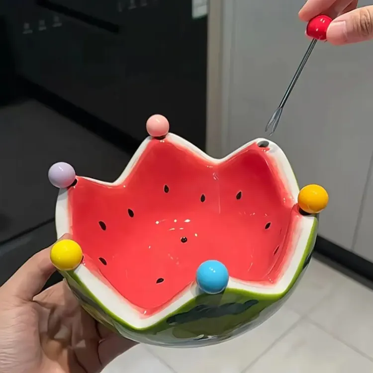 高颜值西瓜水果叉家用客厅茶几水果盘碗创意可爱不锈钢小叉子套装
