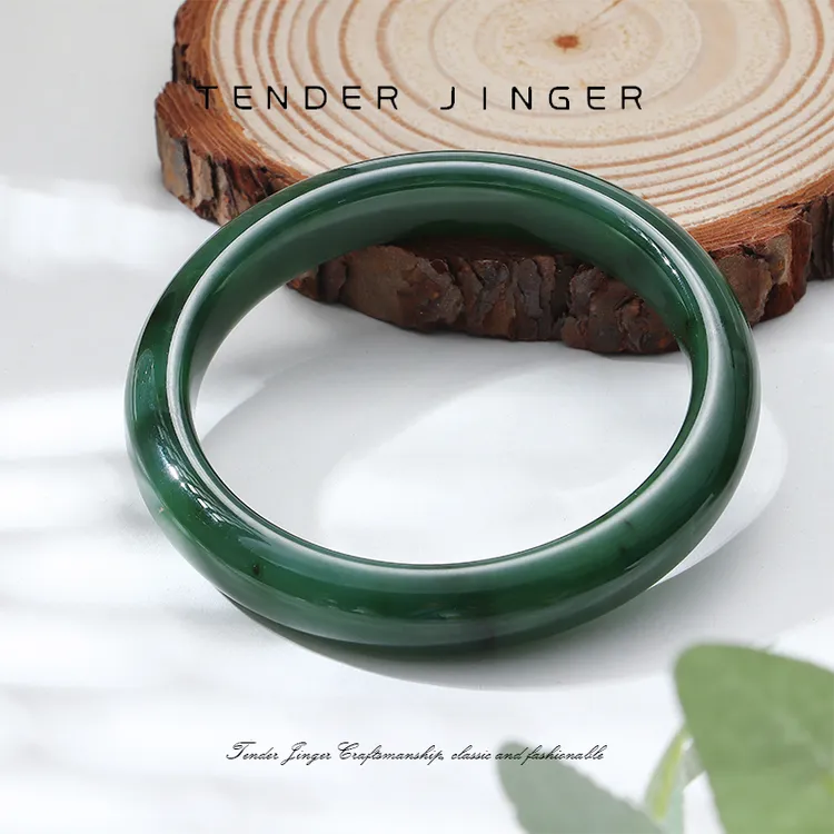 Tender Jinger【菠菜绿】新款天然和田碧玉俄料宽条手镯时尚经典