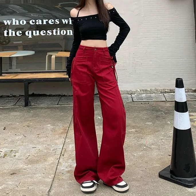 酒红工装裤女舞蹈2025春秋新款演出网红跳舞宽松显瘦阔腿运动裤子