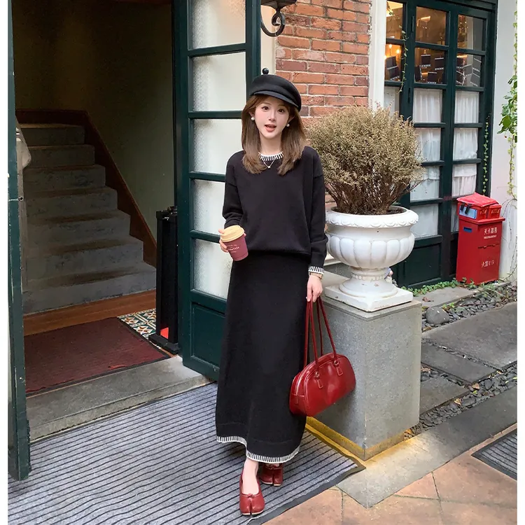 FUGUI RICH【黑桃夹心】小个子秋季新款百搭上衣+半裙法式毛织套装