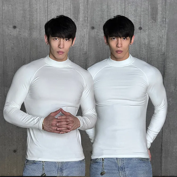 秋冬重磅修身德绒半高领长袖t恤男健身运动高弹保暖打底衣男款
