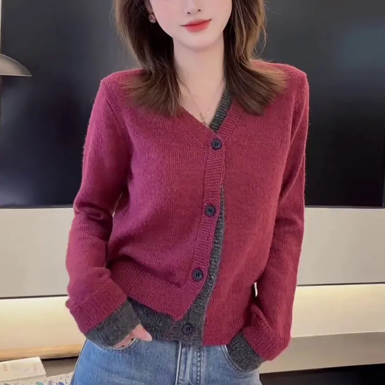 简约百搭宽松显瘦开衫上衣2025秋冬新款时尚假两件拼接撞色毛衣