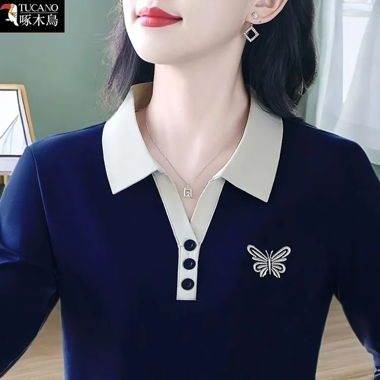 啄木鸟正品新款时尚气质POLO衫上衣ins春秋长袖刺绣纽扣翻领T恤女