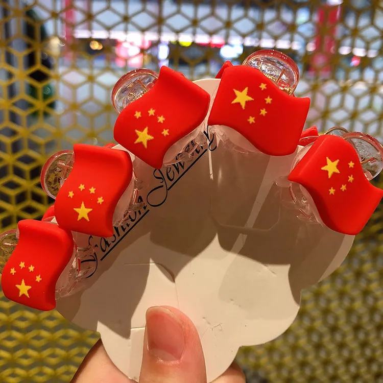 国庆节发饰五星红旗发夹侧边刘海夹子头饰边夹橡皮筋女国旗发圈