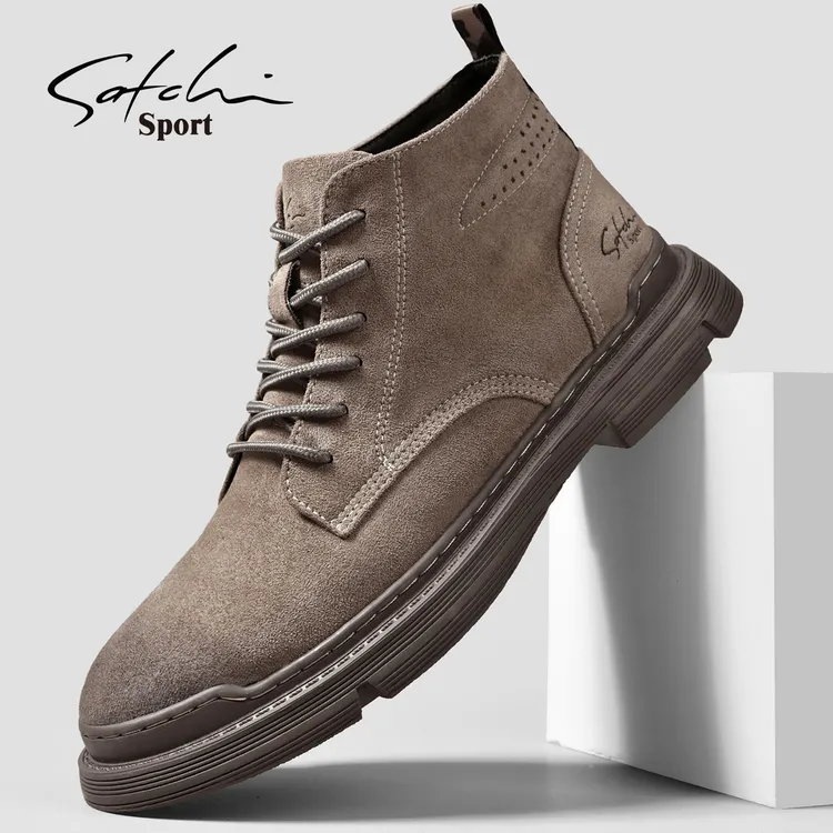 沙驰男鞋高帮马丁靴2025年冬季棕色厚底耐磨英伦风机车骑行工装靴