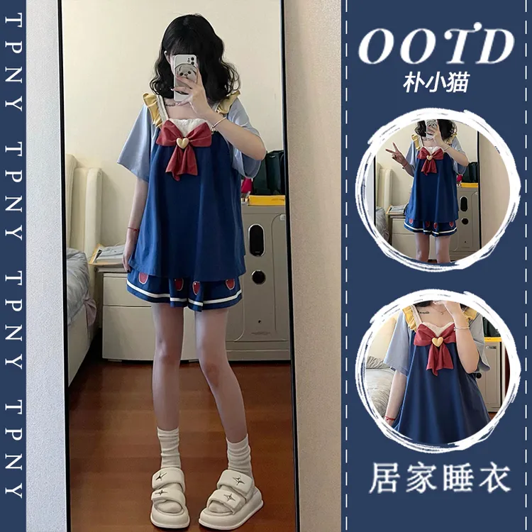 公主风蝴蝶结设计感短袖少女睡衣夏季小个子蓝色家居休闲短裤套装