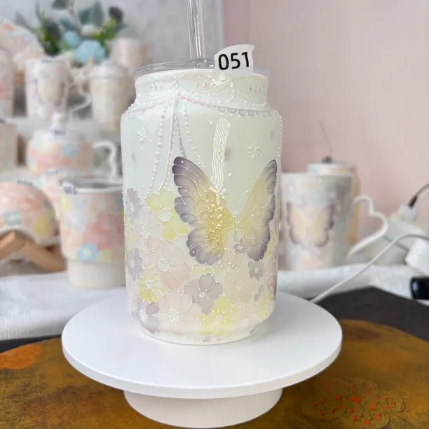 万花蝴蝶玉泥吸光杯办公家用送礼高颜值随行杯