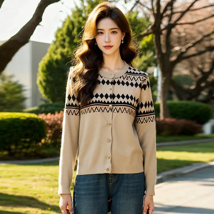 奢姿大码女装2025秋季减龄几何图案时尚针织衫胖妹妹圆领百搭上衣