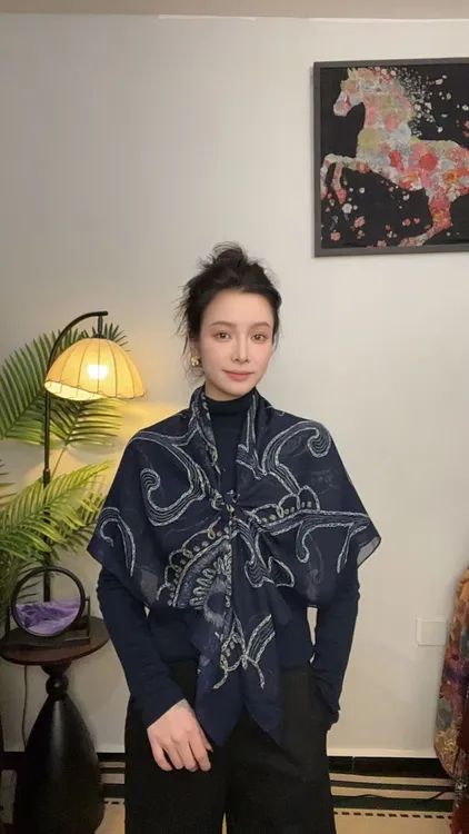 【藏蓝腰果】105*105双面不反丝凌霄纱优雅风丝巾围巾大方巾气质 女