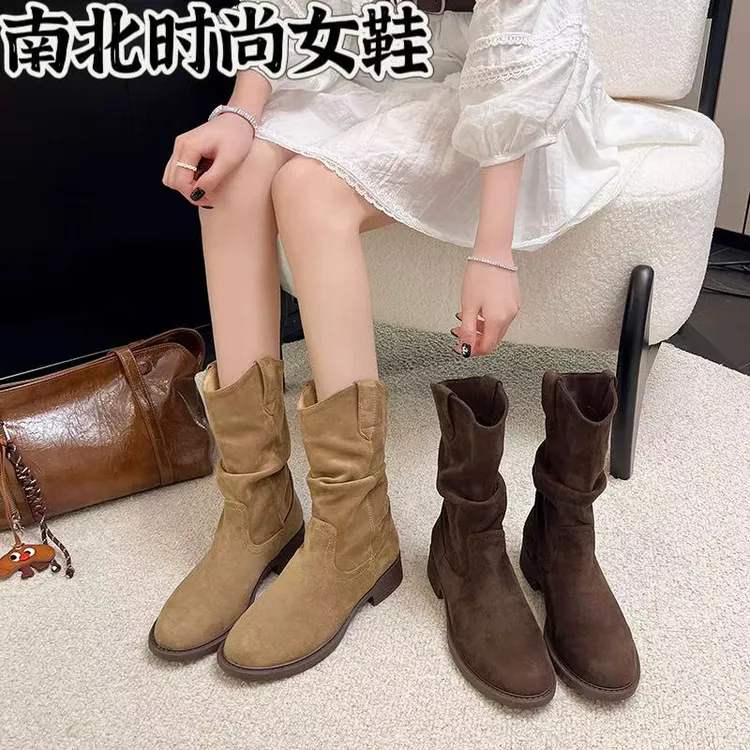 美拉德西部牛仔靴复古中筒靴女新款粗跟套筒显瘦卡其色褶皱堆堆靴