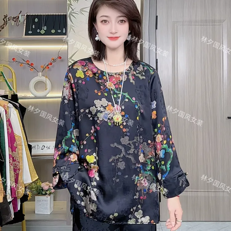 早秋新中式提花薄款上衣圆领百搭显瘦碎花斜襟衬衫国风宽松