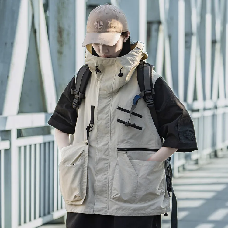 AOGZ工装多口袋马甲男女夏季美式高街设计感机能口袋连帽无袖背心