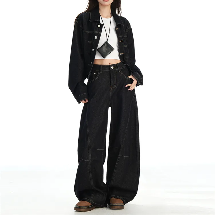 复古弯刀阔腿裤女士爆款2025年秋装新款高腰时尚感通勤拖地牛仔裤
