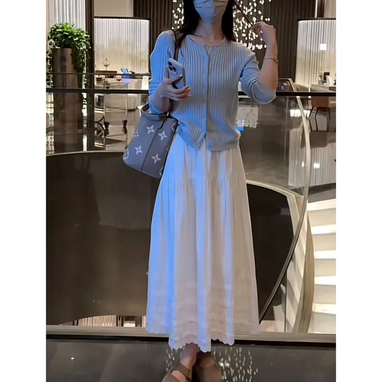 韩系长袖针织开衫女春新款上衣多层立体感裙摆蕾丝花边拼接半身裙