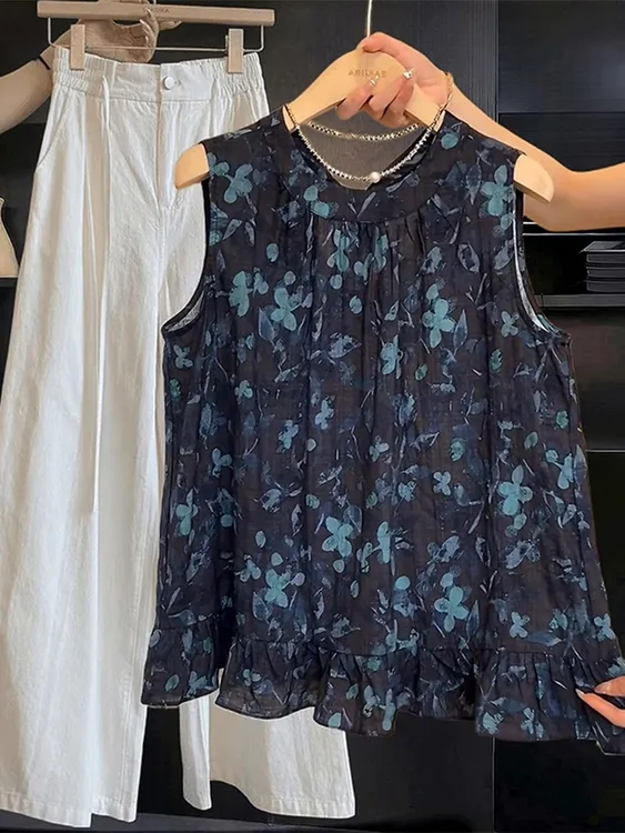 【松烟入墨】法式复古碎花无袖背心衬衫女夏季外穿荷叶边拼接上衣