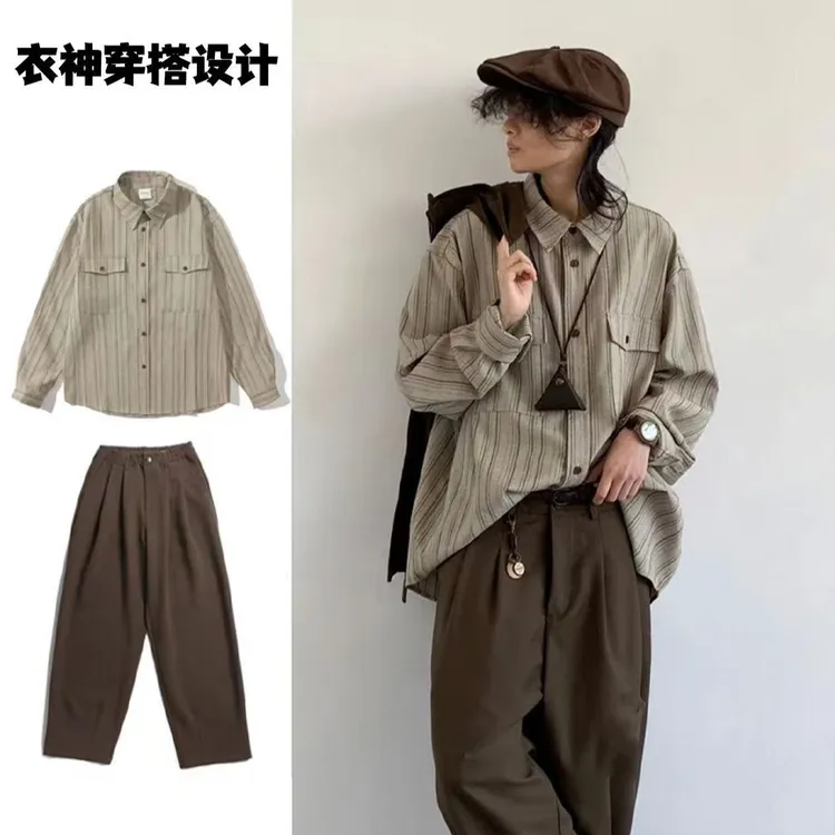 两件套/春秋日系复古竖条纹衬衫男生方领宽松学院风长袖工装衬衣