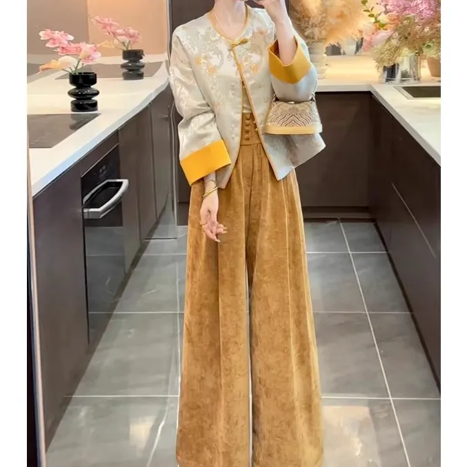 新中式轻国风套装女春秋复古提花盘扣外套上衣休闲阔腿长裤两件套