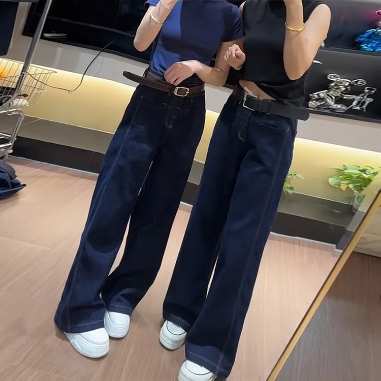 大码女装复古蓝色牛仔阔腿裤2025春季胖mm高腰遮胯宽松减龄直筒裤