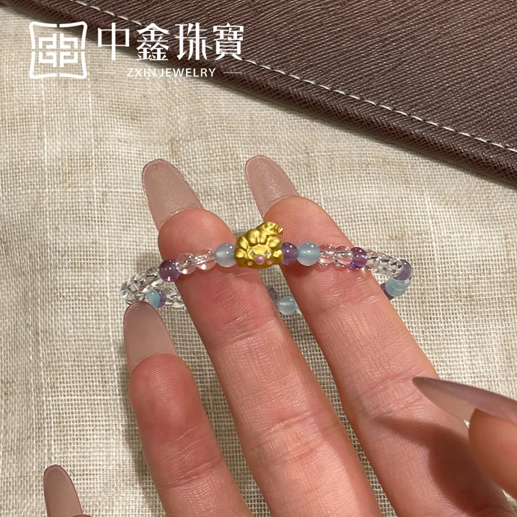 【中鑫珠宝】天然水晶糖果色手链女波波小丑黄金足金手串小众设计