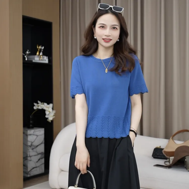 夏季钩花针织短袖上衣2025年新款设计感花边百搭小众女上衣H8-23