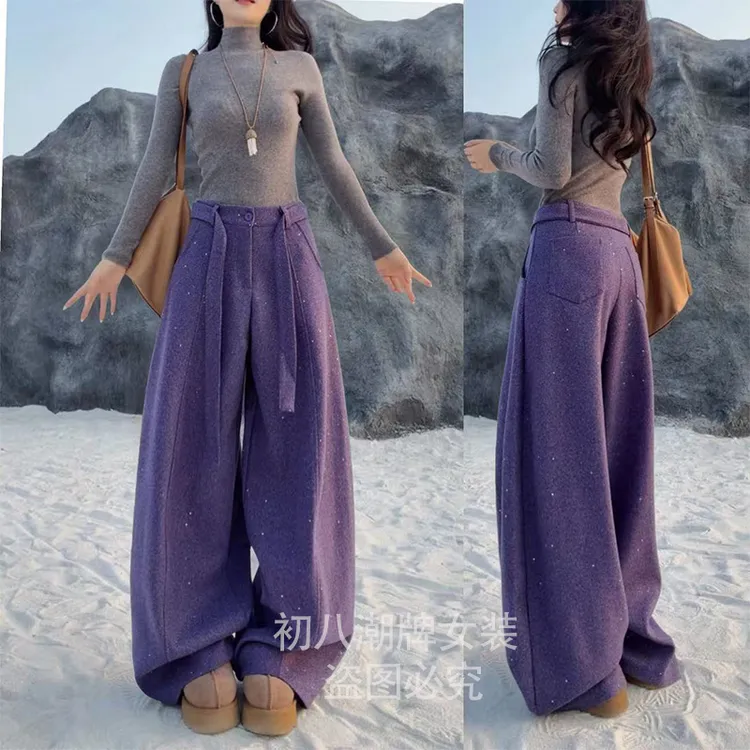 52229呢料闪闪休闲裤2025年冬季新款宽松纯色百搭气质高级直筒裤