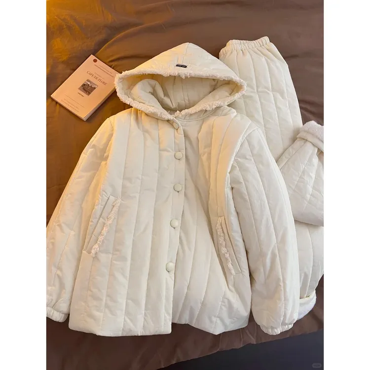 韩系慵懒高级感简约三层加厚夹棉睡衣女冬季新款保暖休闲家居套装