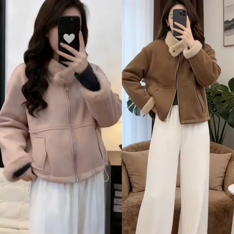 韩系温柔风毛毛立领麂皮绒短外套女2025冬季新款皮毛一体保暖夹克