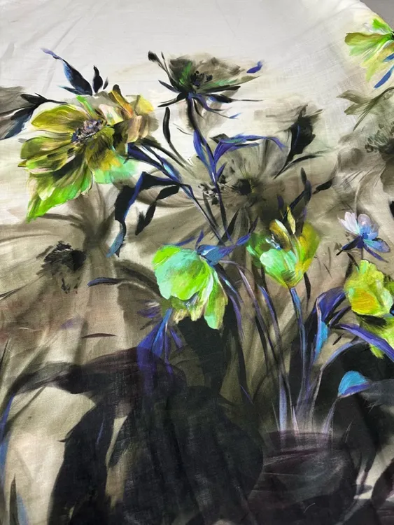 60支苎麻布料高支高密夏季绿色花朵中式国风水墨画DIY服装面料