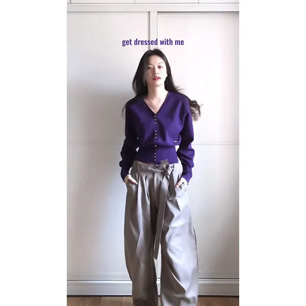 紫色V领针织开衫女秋季新款收腰百搭长袖毛衣外套上衣裤子套装