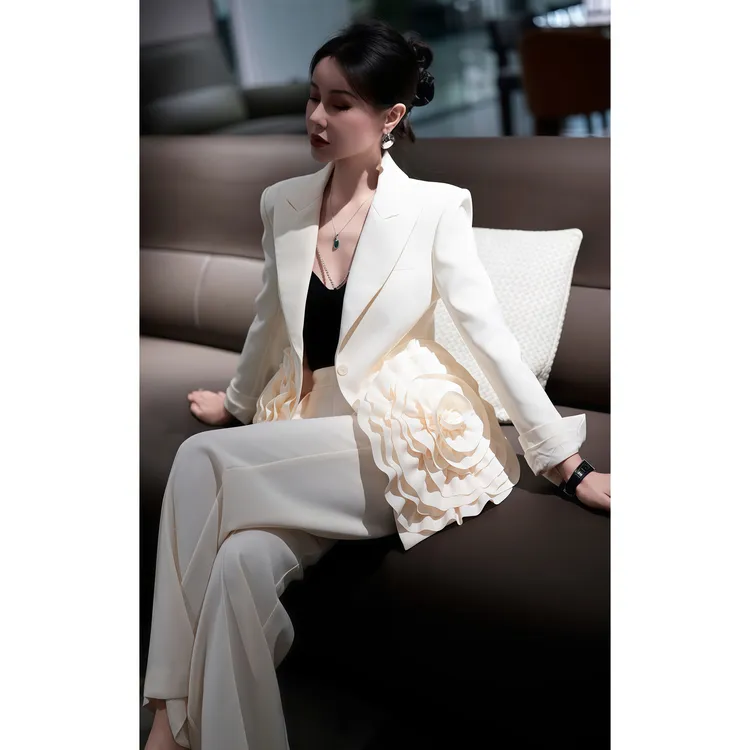 ZEROYK高级感职业装2025春季新款设计感立体盘花西装长裤通勤套装