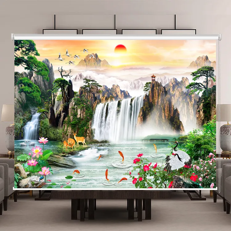 定制卷帘新中式山水画窗帘办公室客厅卧室书房背景拉卷式风景挂画