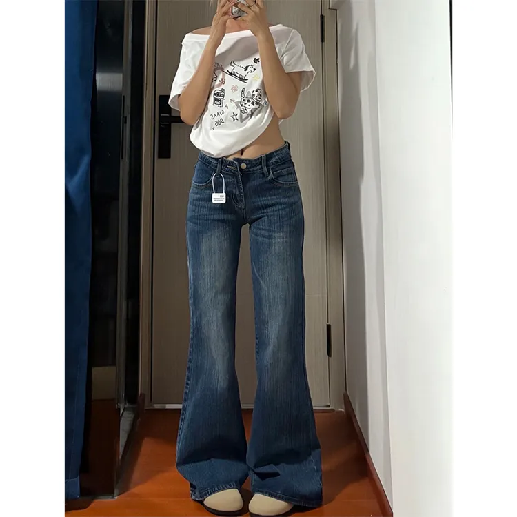 重工质感竹节纹微喇牛仔裤女2025夏季新款美式复古低腰拖地直筒裤