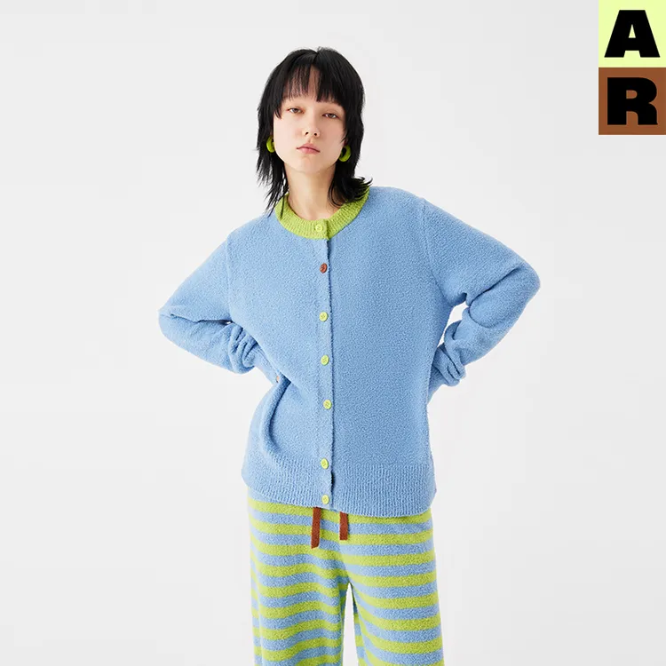 AR明星同款半边绒可外穿显瘦保暖原创撞色彩扣宽松家居服开衫【自】