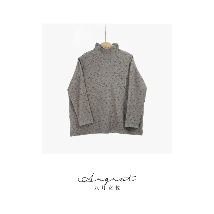 【BAYUE】3727T恤长袖满印碎花套头复古休闲风秋冬款加厚圆领