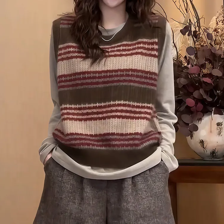 秋冬新款时尚洋气百搭女装小个子洋气减龄条纹针织衫马甲T恤套装