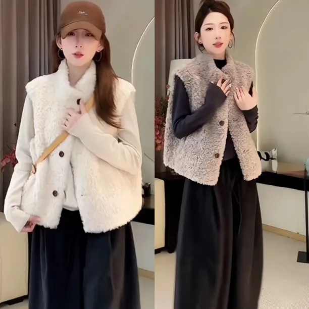 立领羊羔毛马甲外套女2025冬季新款毛绒小个子坎肩马夹潮