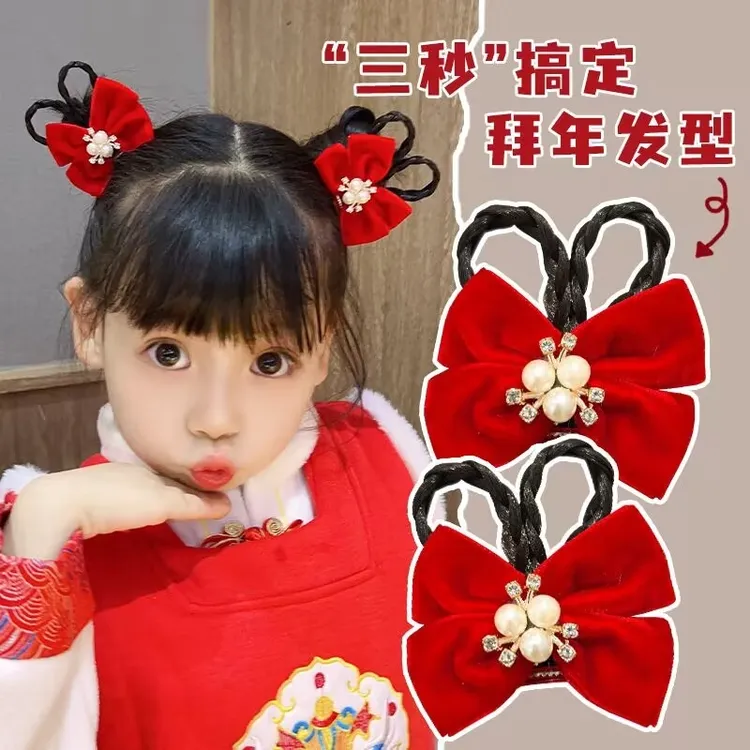儿童发夹女童拜年喜庆红色对夹辫子夹春节款