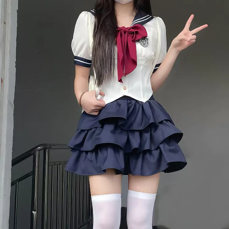 日系JK制服小个子水手服套装女蛋糕裙学院风显瘦收腰海军领衬衫