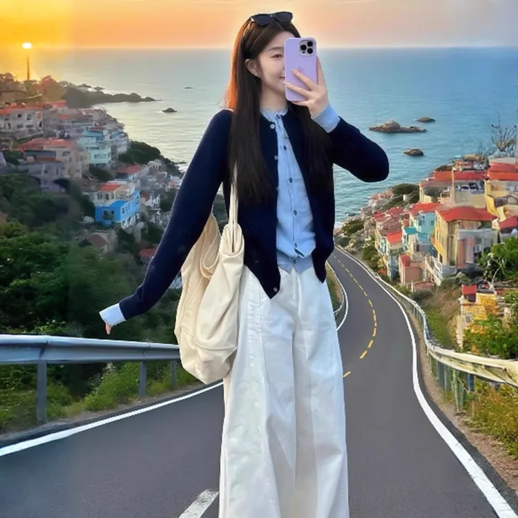 拉夏贝尔韩系小香风假两件针织开衫女秋季慵懒高级感宽松软糯毛衣