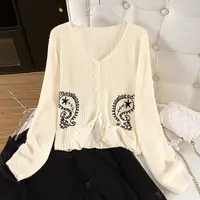 她池2025秋装新款女装时尚撞色宽松单排扣V领短款针织衫T53P0027Z