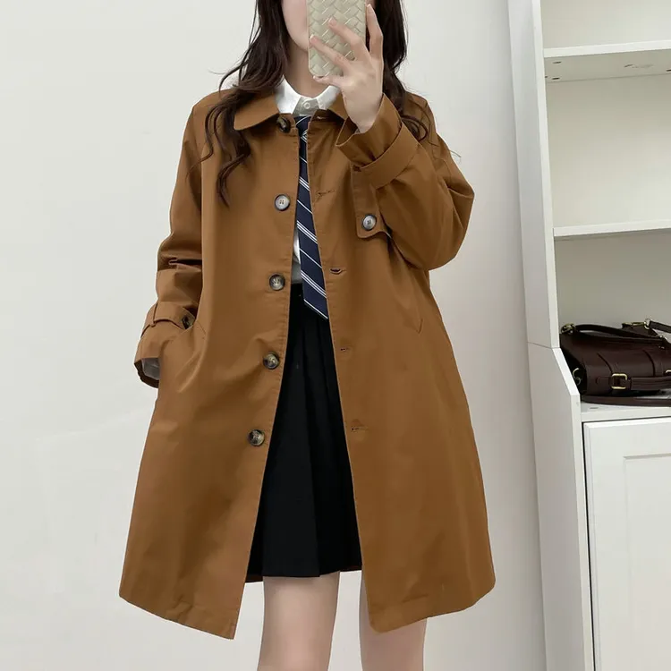 单排扣翻领风衣外套女2025春秋新款双层流行纯棉高级感大衣女款