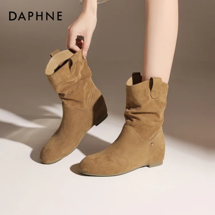 Daphne/达芙妮驼色瘦瘦短靴女内增高时尚堆堆靴气质短靴时装靴子