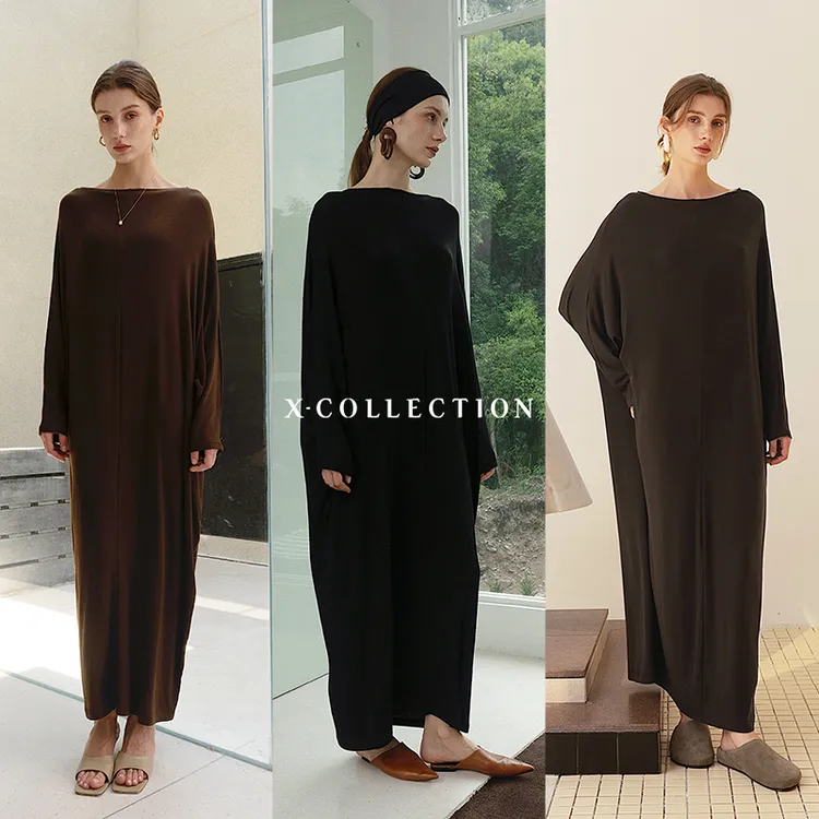 xcollection25夏新品天丝美丽诺防缩羊毛慵懒风廓型长袖连衣长裙